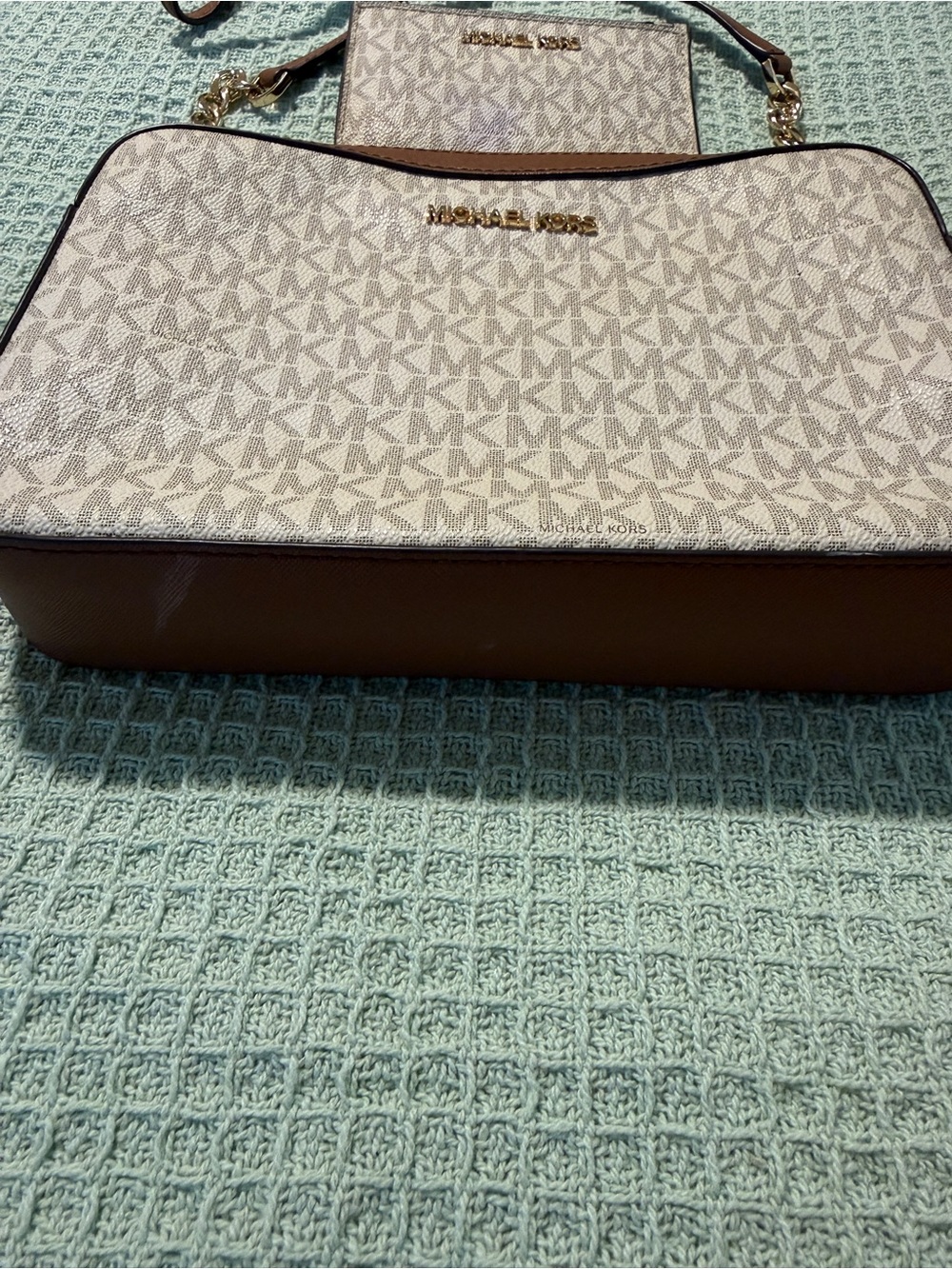 Michael Kors Jet Set Large Logo Print Woven Crossbody Bag Purse w/ wallet - Picture 7 of 11